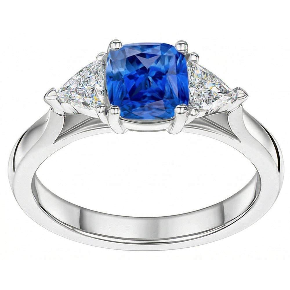 3 Stone Cushion Light Blue Sapphire Ring 1.50 Carats Trillion Natural Earth Mined Diamonds