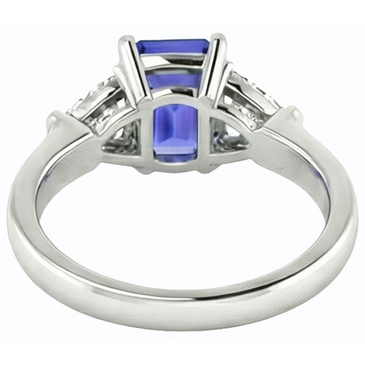 3 Stone Emerald Blue Sapphire Ring & Trillion Pair Natural Earth Mined Diamonds 2 Carats