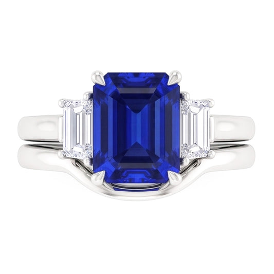 3 Stone Emerald Blue Sapphire & Baguette Natural Earth Mined Diamond Ring Set 1.75 Carats