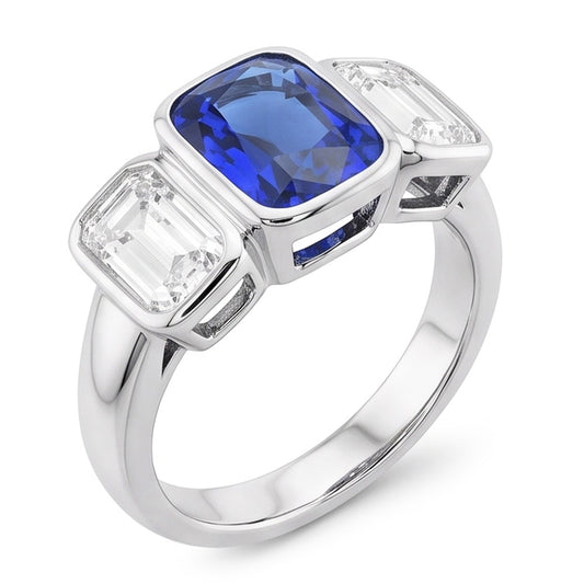 3 Stone Emerald Natural Earth Mined Diamond & Ceylon Sapphire Ring Bezel Set Gold 3 Carats