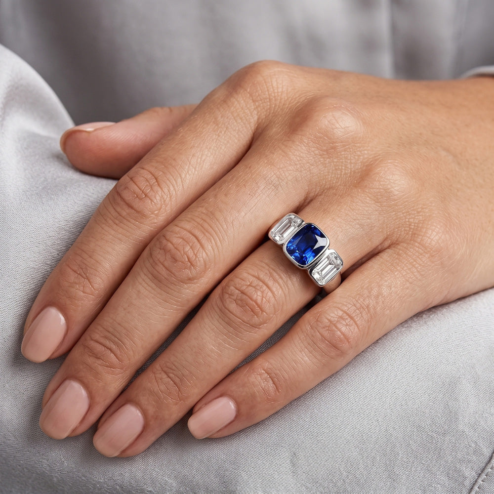 3 Stone Emerald Natural Earth Mined Diamond & Ceylon Sapphire Ring Bezel Set Gold 3 Carats