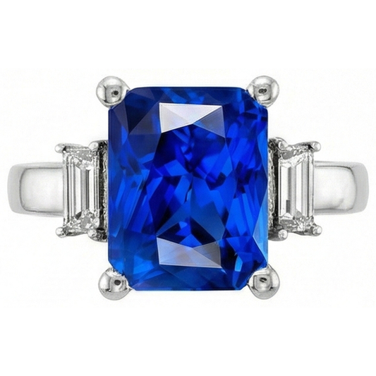3 Stone Gold Radiant Sapphire Ring Straight Baguette Natural Earth Mined Diamonds 4 Carats