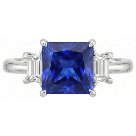 3 Stone Gold Ring Princess Blue Sapphire & Trapezoid Natural Earth Mined Diamonds 4 Carats