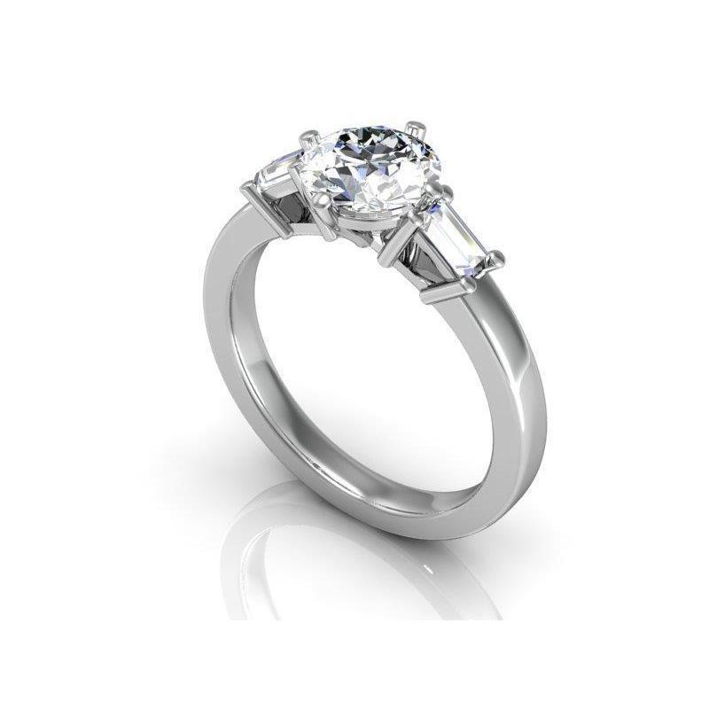 3 Stone Gold Round & Baguette Cut 2.50 Ct Natural Diamond Engagement Ring
