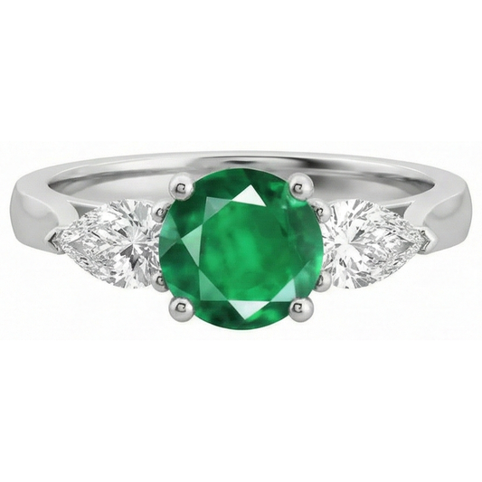 3 Stone Green Emerald & Natural Earth Mined DIAMOND ( NOT LAB GROWN )s 3 Carats Engagement Ring White Gold 14K