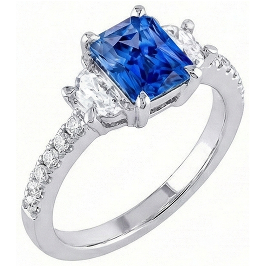 3 Stone Half Moon Natural Earth Mined Diamond Blue Sapphire Ring With Accents 3 Carats