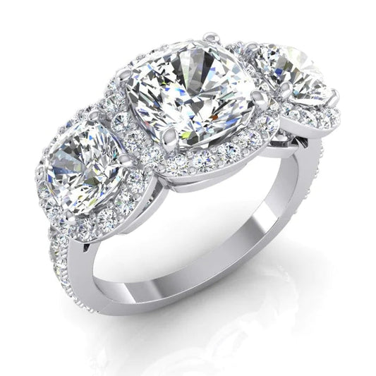 3 Stone Halo Cushion Genuine Diamond Engagement Ring With Accents 6 Carats