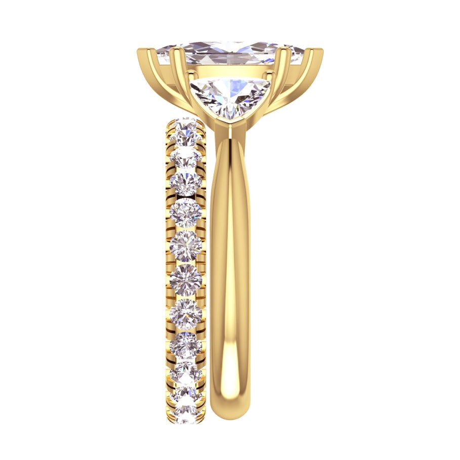 3 stone Engagement Ring Set Marquise center with two Trilliants Ring & matching Round diamond band in Yellow Gold