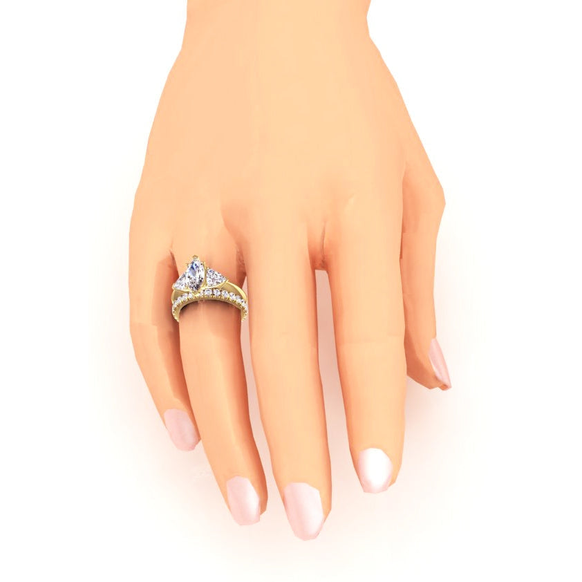 Yellow Gold 3 stone Engagement Ring Marquise center with two Trilliants and matching band