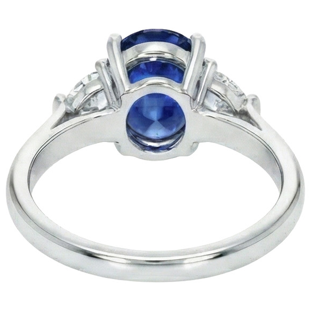 3 Stone Natural Earth Mined Diamond Ring With Oval Deep Blue Sapphire 8.25 Carats Gold 14K