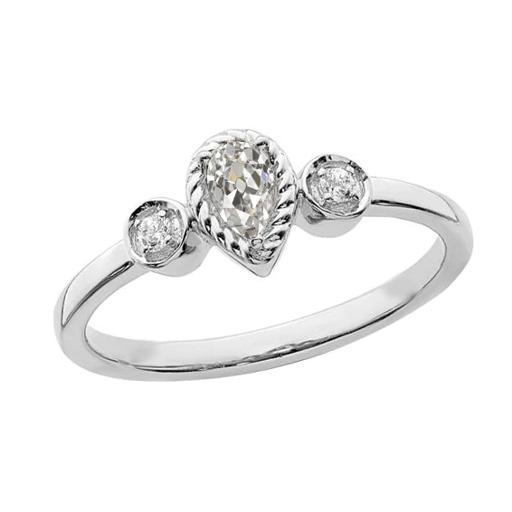 3 Stone Pear Old Cut Real Diamond Ring Rope Prong Bezel Set 1.50 Carats