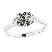 3 Stone Pear & Round Old Cut Real Diamond Ring 3 Carats Gold