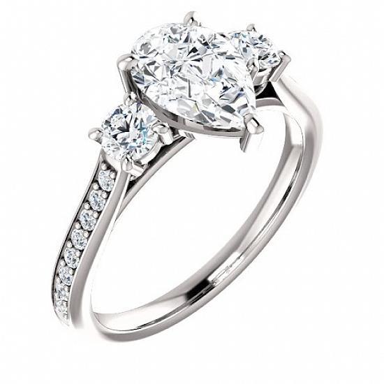 3 Stone Pear & Round Diamond Engagement Ring 1.80 Carats Accents Gold