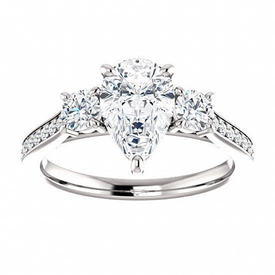 3 Stone Pear & Round Real Natural Earth Mined Diamond Engagement Ring 1.80 Carats Accents Gold
