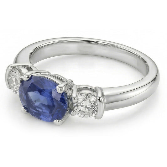 3 Stone Ring Oval And Round Cut Ceylon Sapphire & Natural Earth Mined Diamond 5 Carats New