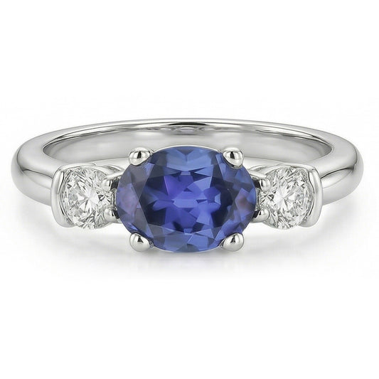 3 Stone Ring Oval And Round Cut Ceylon Sapphire & Natural Earth Mined Diamond 5 Carats New
