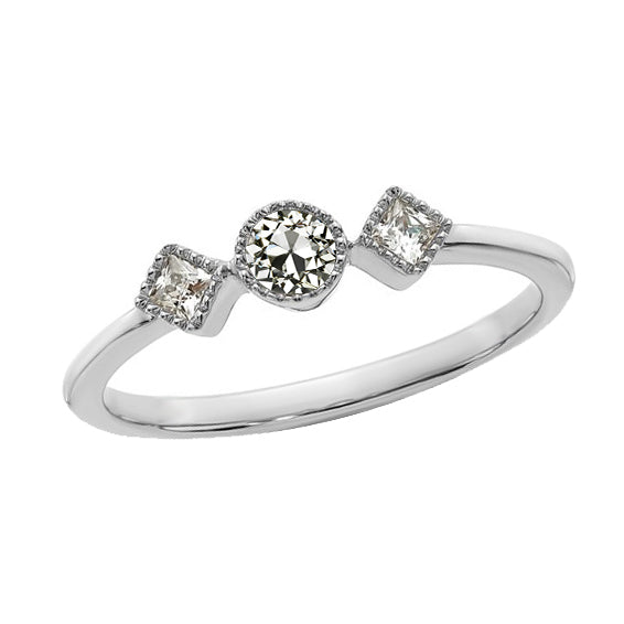 3 Stone Ring Princess & Round Old Cut Real Diamond 1.75 Carats Gold
