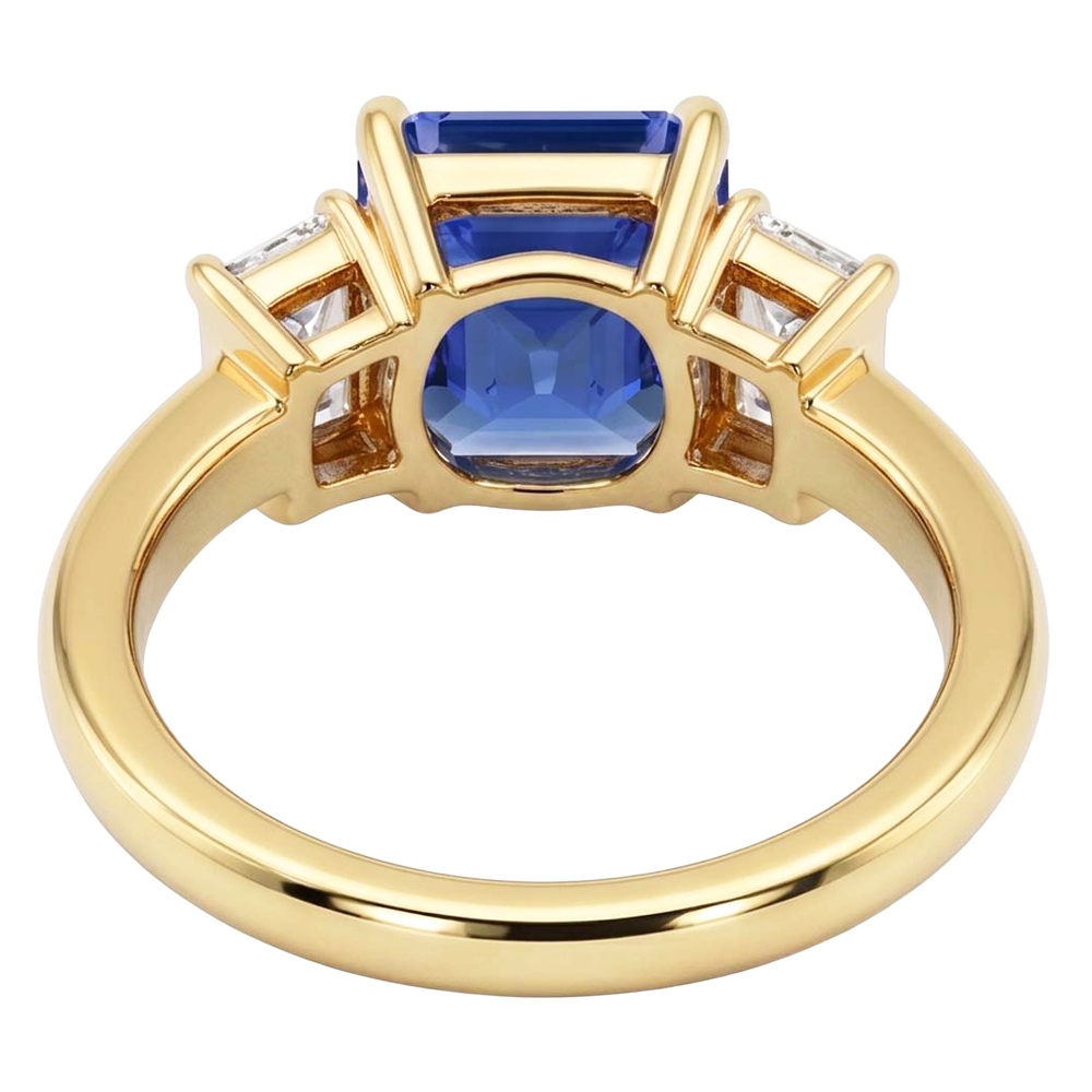 3 Stone Ring Radiant Blue Sapphire 2.50 Carats Baguette Natural Earth Mined Diamonds