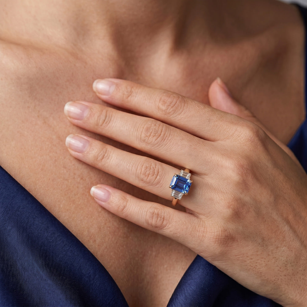3 Stone Ring Radiant Blue Sapphire 2.50 Carats Baguette Natural Earth Mined Diamonds