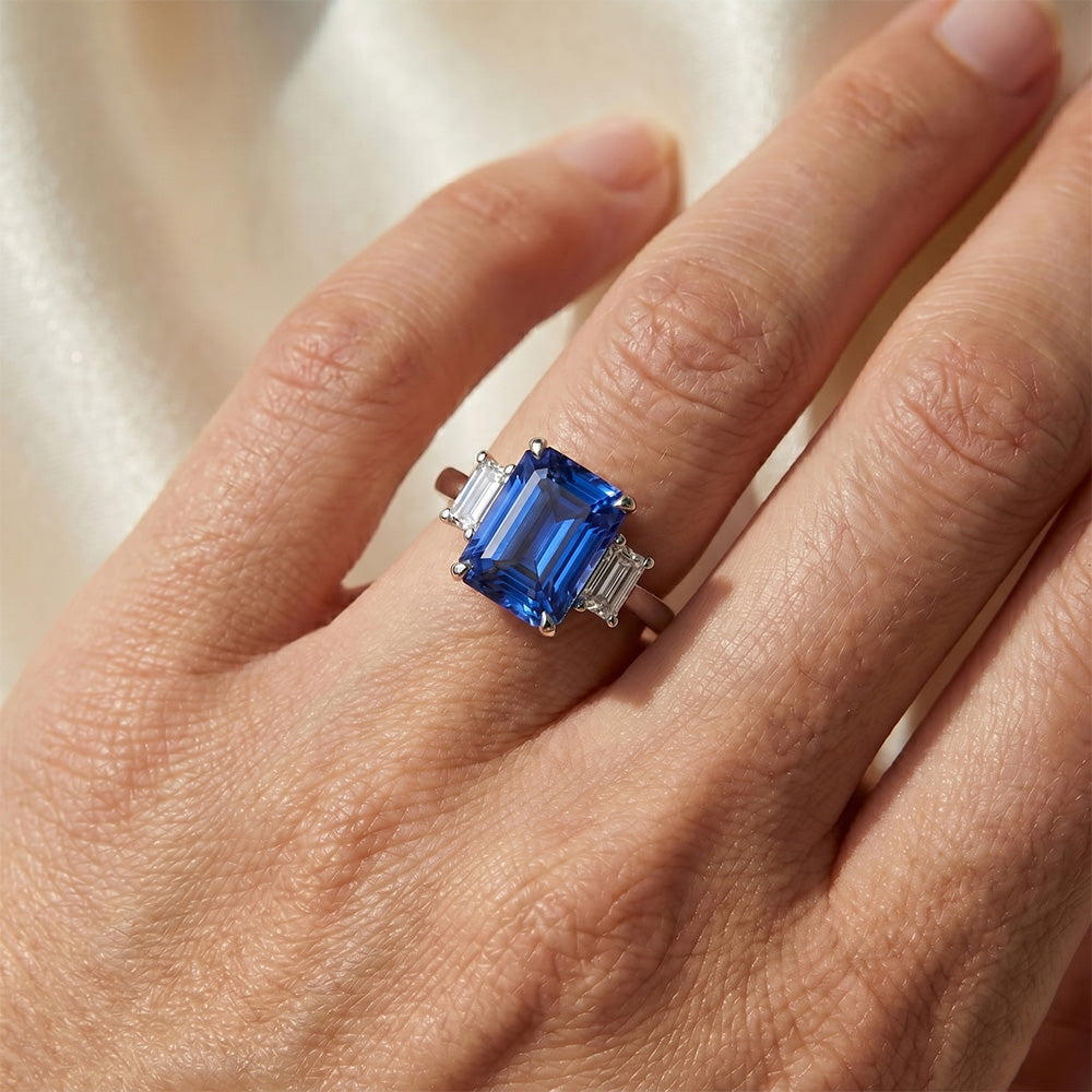 3 Stone Ring Radiant Sapphire & Emerald Natural Earth Mined Diamond Jewellery 4 Carats