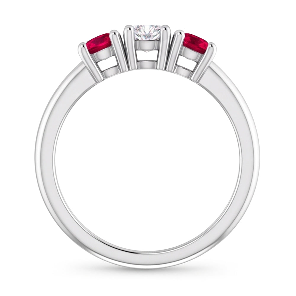 3 Stone Ring Round Natural Earth Mined Diamond Ruby 0.60 Carats White Gold 14K
