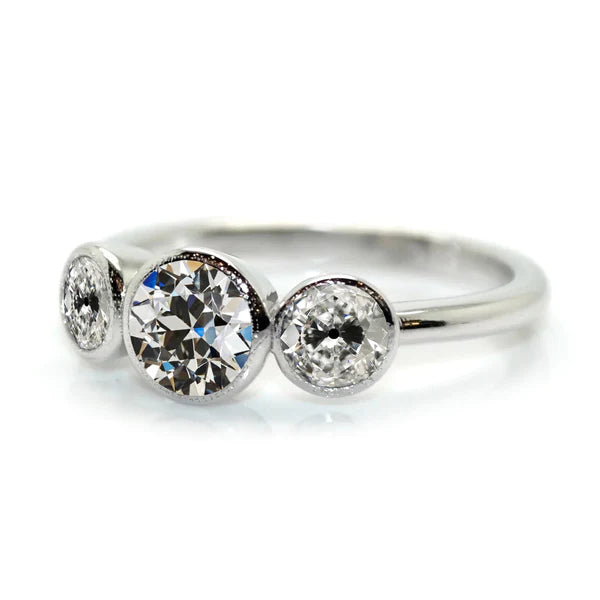 3 Stone Ring Round Old Mine Cut Real Diamond White Gold Jewelry 4 Carats