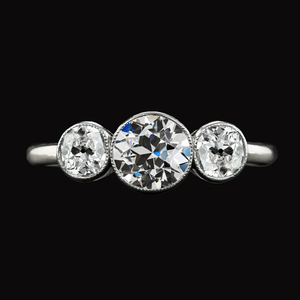 3 Stone Ring Round Old Mine Cut Real Diamond White Gold Jewelry 4 Carats
