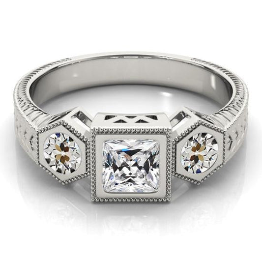 3 Stone Ring Square Cut Old Miner Genuine Diamond Antique Style 4 Carats