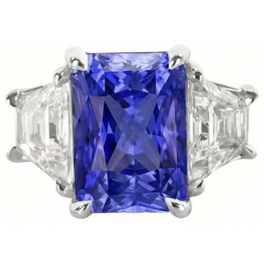 3 Stone Ring Trapezoid Natural Earth Mined Diamond & Ceylon Sapphire 3.50 Carats Prong Set