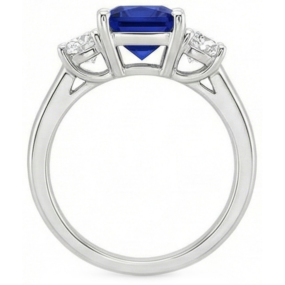 3 Stone Round Natural Earth Mined Diamond & Princess Ceylon Sapphire Ring 6 Carats Gold