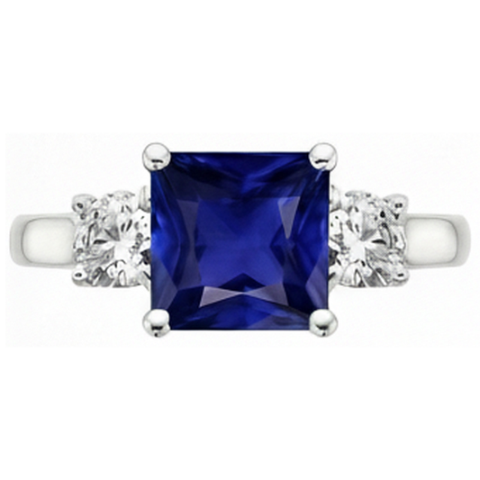 3 Stone Round Natural Earth Mined Diamond & Princess Ceylon Sapphire Ring 6 Carats Gold