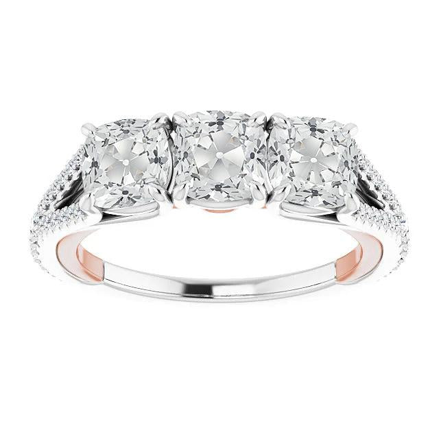 3 Stone Style Cushion Old Miner Genuine Diamond Ring Split Shank 8.75 Carats