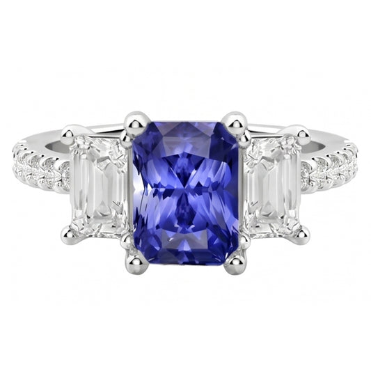 3 Stone Style Emerald Natural Earth Mined Diamond Blue Sapphire Ring Radiant Cut 4 Carats