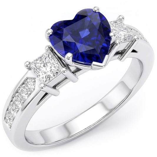 3 Stone Style Heart Sapphire Ring Princess & Round Natural Earth Mined Diamonds 3 Carats