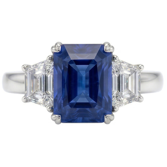 3 Stone Trapezoid Natural Earth Mined Diamond Jewellery 3 Carat Radiant Ceylon Sapphire Ring