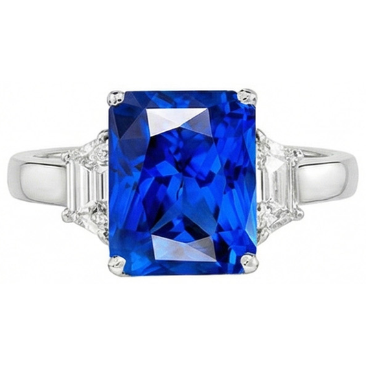 3 Stone Trapezoid Natural Earth Mined Diamond & Radiant Cut Srilanka Sapphire 4 Carats