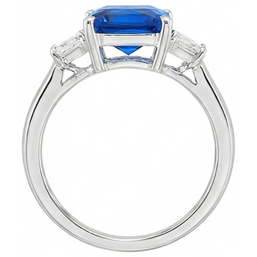 3 Stone Trapezoid Natural Earth Mined Diamond & Radiant Cut Srilanka Sapphire 4 Carats