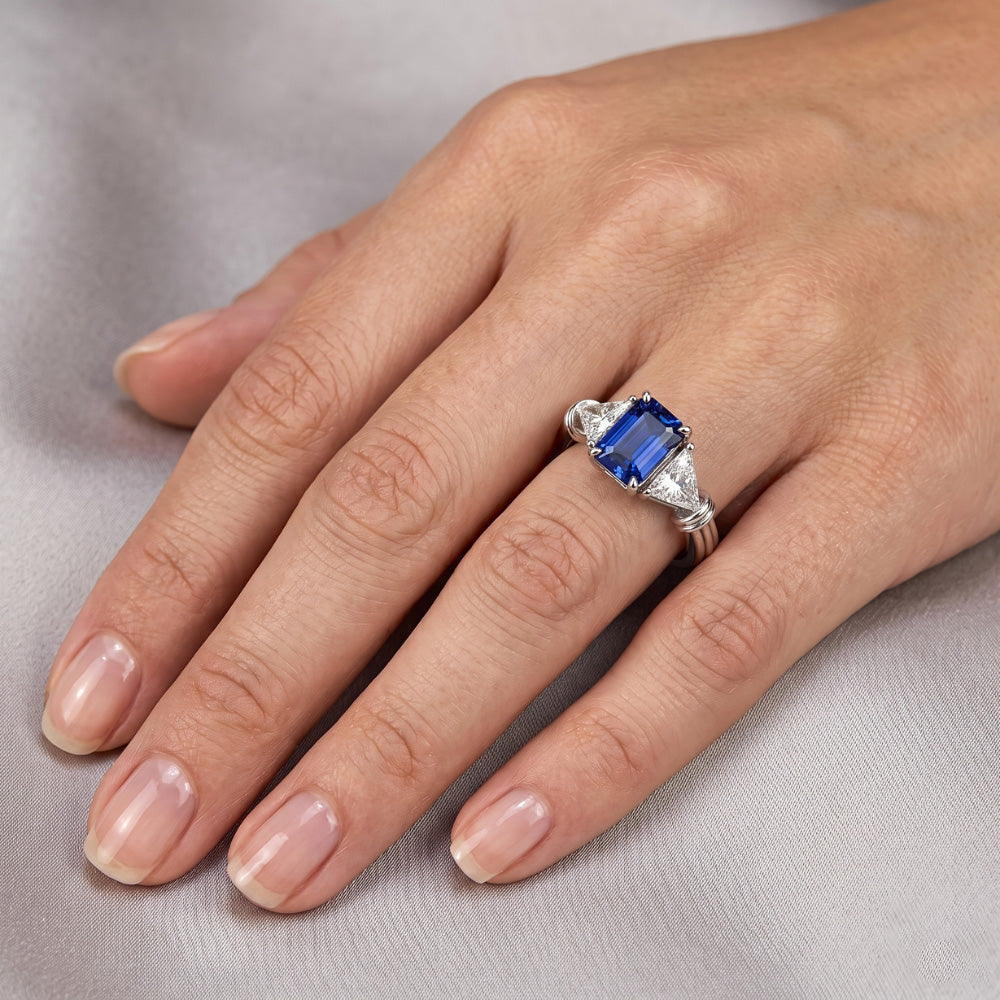 3 Stone Trilliant Natural Earth Mined Diamond Ring 1.50 Carats Radiant Gold Sapphire 14K
