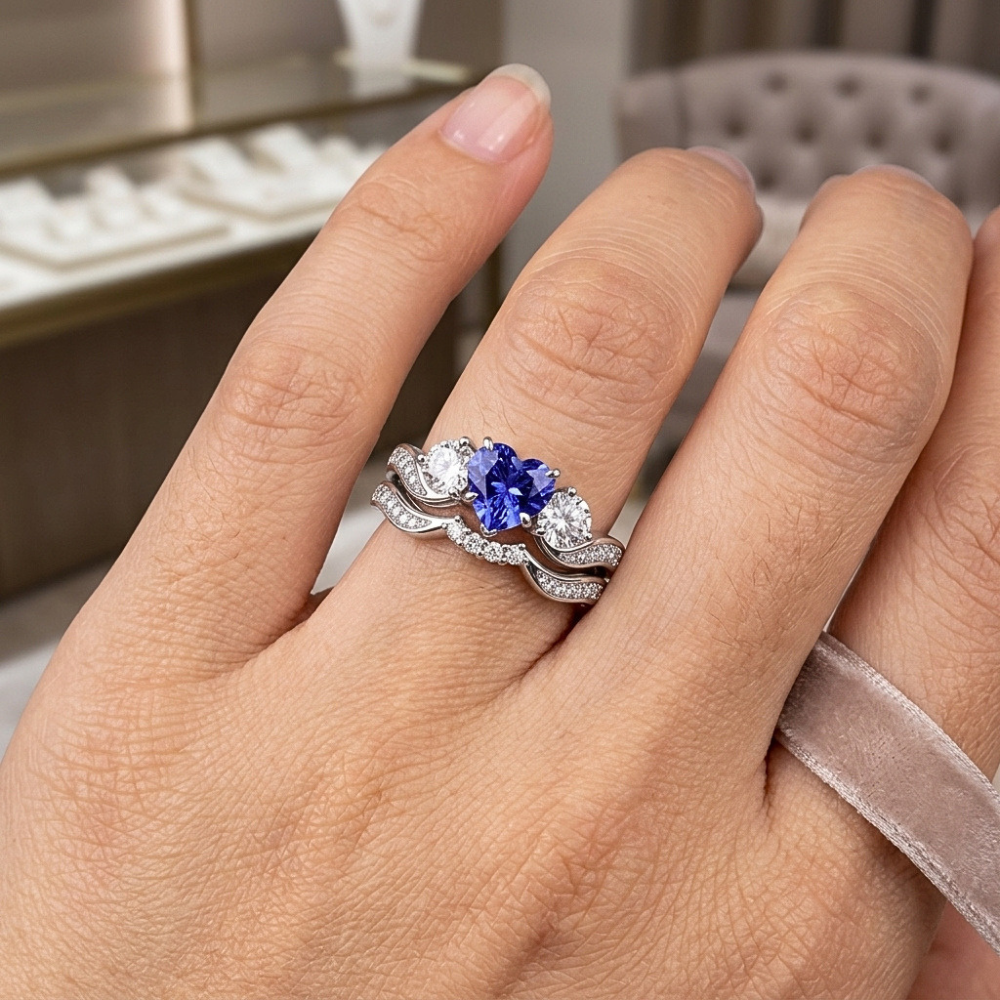 3 Stone Wedding Ring Set Heart Blue Sapphire & Round Natural Earth Mined Diamonds 3 Carats