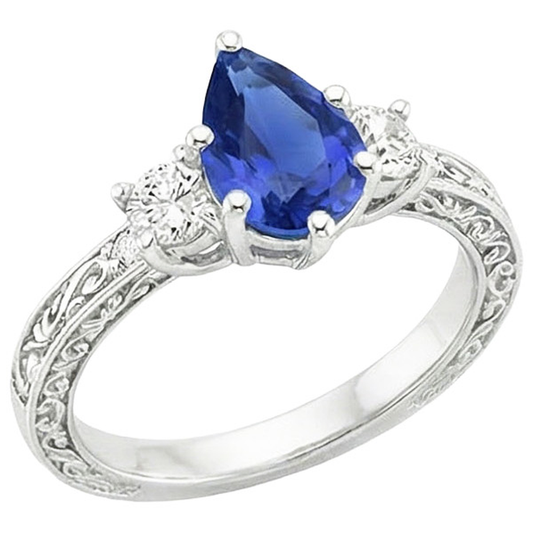 3 Stones Ring Antique Style Pear Blue Sapphire & Natural Earth Mined Diamonds 3.50 Carats