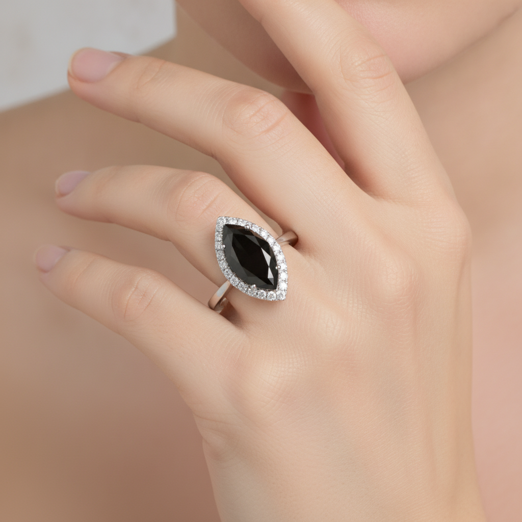 Dark Diamond Engagement Ring 8 Carat Natural Marquise Black Halo 14K White Gold