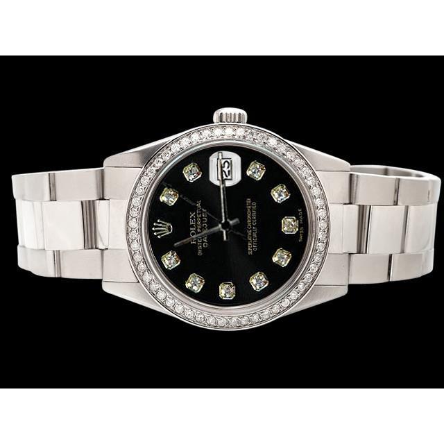 Ss Oyster Bracelet Rolex Watch Black Natural Earth Mined Diamond Dial Bezel Datejust
