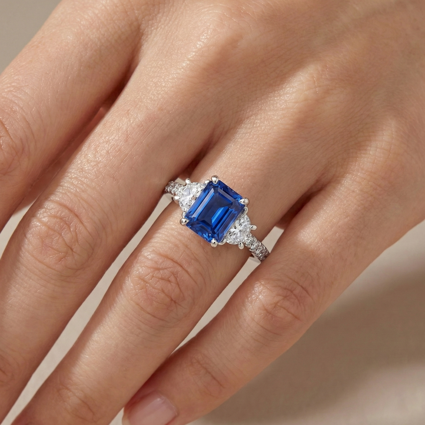 3 Stone Half Moon Natural Earth Mined Diamond Blue Sapphire Ring With Accents 3 Carats