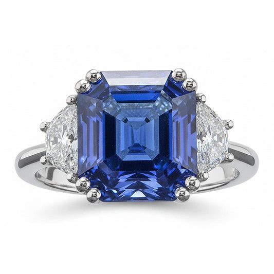 3 Stone Ring Trapezoid Natural Earth Mined Diamonds With Asscher Blue Sapphire 5 Carats