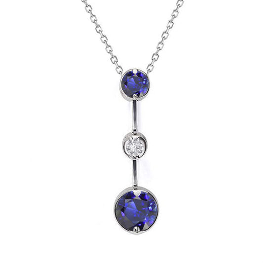 Blue Sapphire Round Brilliant Stone Pendant Necklace in 14 Karat White Gold – main view
