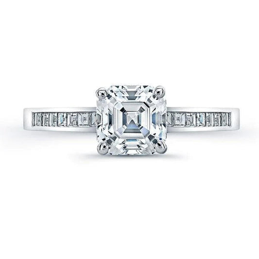 3.01 Carats Asscher Real Diamond Ring With Accents White Gold 14K