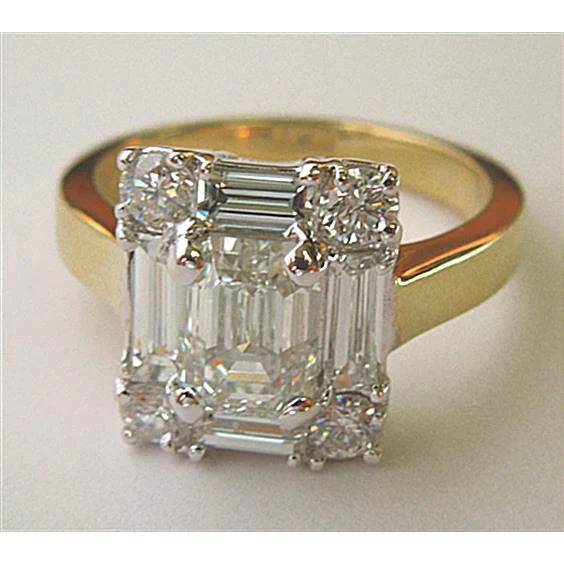 3.10 Carat Yellow and White Gold Two Tone Emerald Cut Real Diamond Ring