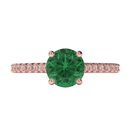 3.25 Carats Round Green Emerald & Diamond Ring Gold Rose 14K Gemstone