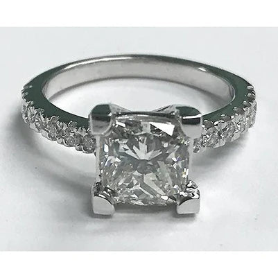 3.50 Carats Real Princess Cut Diamond Ring With Accents White Gold 14K