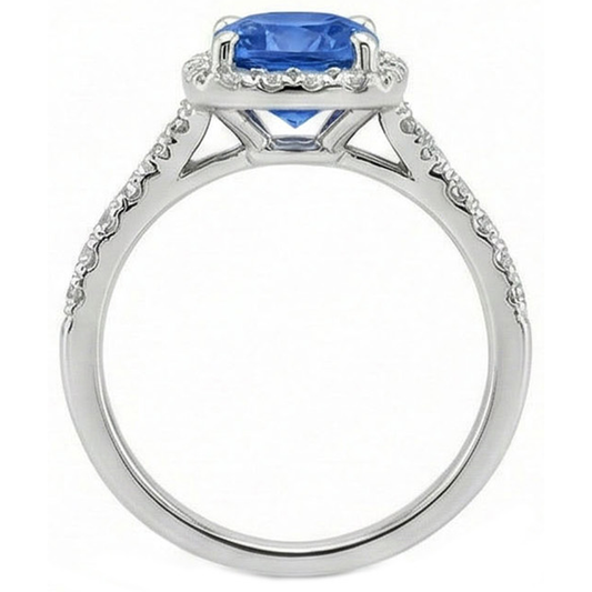 4.10 Ct Cushion Sri Lankan Sapphire And Round Natural Earth Mined Diamonds Ring White Gold